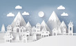 © kengmerry - Illustration of cityscape with  Urban Countryside with full moon and snow, Merry Christmas and winter season , paper art and craft style.