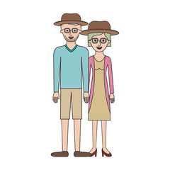 couple colorful silhouette and both with hat and glasses and him with stubble beard and sweater and short pants and shoes and her with jacket and dress and heel shoes with short hair vector