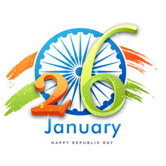 Sticker - Indian Republic Day concept with gliter text 26th January on Ashoka Chakra Background.