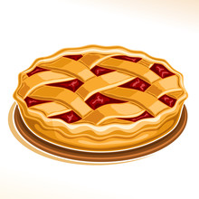 Vector Illustration Of Rhubarb Pie, Homemade Fresh Confectionery With Fruit Filling On Dish Isolated On White Background, Traditional Rustic Pie Dessert With Lattice Of Dough For Thanksgiving Holiday.