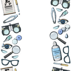 Wall Mural - Seamless vertical borders of medical optometry accessory for correct vision - contact lens,  solution, lens case eye test chart, glasses. Vector