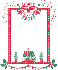 Christmas frame for congratulations, invitations, postcards. With lettering composition merry Christmas and a Happy New year on a red ribbon with Christmas decor: stockings, garland, sweets, confetti.