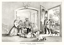 Men Backing Home After Lucky Hunting. Indoor Scene In A Beautiful Ancient Rich House. Old Illustration By Currier & Ives, Publ. In New York, 1867