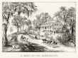 Classic colonial rich house on the bank of Mississippi river in front of a road and ancient chariots. Natural outdoor context. Old illustration by Currier & Ives, publ. in New York, 1871