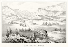 Train Running Along The Railroad In A Western Valley Passing Close To Little Houses. Canyon On Background. Old Illustration By Currier & Ives, Publ. In New York, 1870