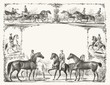 Old livery card framed by riding decorations. Old illustration by unidentified author, publ. in Cincinnati, 1861