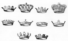 Collection Of Ten Different Types Of Crown For Heraldic Design, Isolated On White Background. Old Illustration By Unidentified Author Published On Magasin Pittoresque Paris 1834