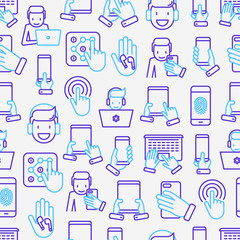 Wall Mural - using devices seamless pattern with thin line icons: gadget, tablet in hands, touchscreen, fingerpri