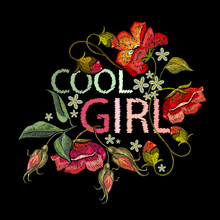 Embroidery Poppies  Flowers T-shirt Design. Cool Girl Slogan. Template For Clothes, Textiles, T-shirt Design