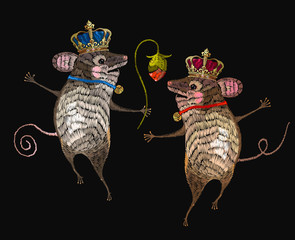 Embroidery mouse king and queen.  Two cheerful mice are danced in flowers classical embroidery. Template for clothes, textiles, t-shirt design