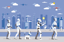 Robots Walking In A Futuristic City