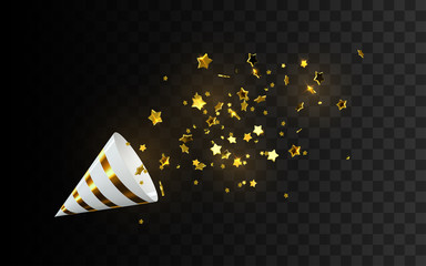 Golden party popper with exploding star confetti glitters.