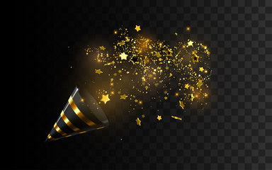 Golden party popper with exploding confetti glitters.