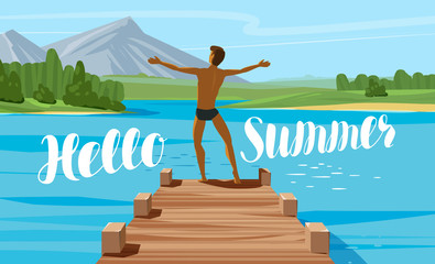 Vacation, travel, journey concept. Hello summer lettering. Vector illustration