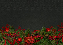 Christmas Border With Holly And Poinsettia On A Dark Background