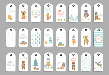 Canvas Print - Set of 24 cute Christmas gift tags, cards with lettering Merry Christmas, animals, presets, tree and snowflakes.