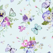 Seamless Pattern With Blooming Flowers And Flying Butterflies In Watercolor Style. Beauty In Nature. Background For Fabric, Textile, Print And Invitation. Vector Illustration