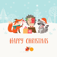 Christmas Greeting Card With Cute Woodland Animals.