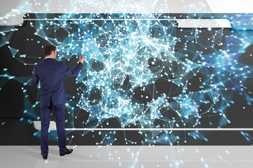 Poster - Businessman using connection network on a wall 3D rendering
