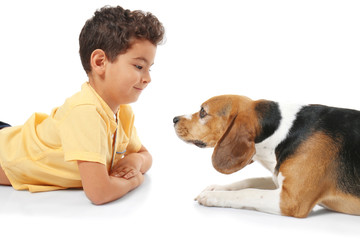 Sticker - Cute little boy with dog on white background