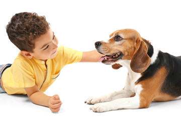 Sticker - Cute little boy with dog on white background