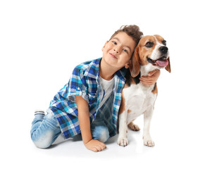 Sticker - Cute little boy with dog on white background