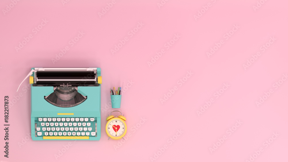 typewriter clock and pen top view on the table colorful education in front of pink wall lovely picture for copy space minimal fruit and object concept pastel colorful lovely picture art - obrazy, fototapety, plakaty 
