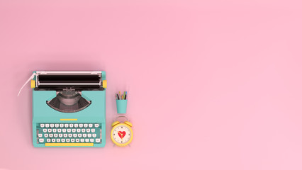 typewriter clock and pen top view on the table colorful education in front of pink wall lovely pictu