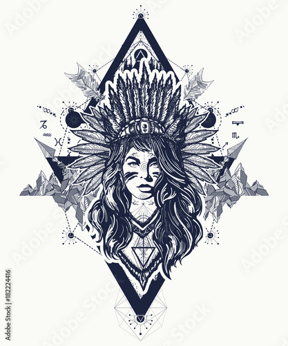 Dekoracja na wymiar  sztuka-tatuaz-native-american-kobieta-etniczna-dziewczyna-wojownik-mloda-kobieta-w-stroju-indian-amerykanskich