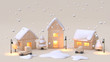 abstract house-city-village wood toy winter new year concept snow and lamp light 3d rendering
