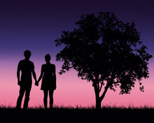 Realistic Illustration Of A Silhouette Of A Loved Man And Woman On A Romantic Stroll Through A Landscape With Trees Under A Blue Sky With Dawn