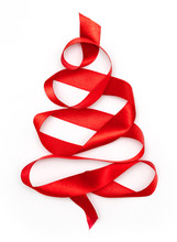 Christmas Tree From Red Ribbon Tape Isolated On A White Background