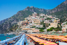 Sea And Row Of Umbrellas On Beach Of Positano - Famous Old Italian Resort, Italy