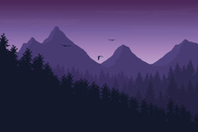 Vector Illustration Of Mountain Landscape With Forest Under Purple Night Sky With Clouds And Flying Birds
