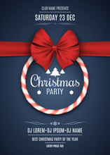 Invitation To A Christmas Party. Red White Lollipop With Red Ribbon On A Dark Blue Background. The Names Of The DJ And Club. White Text. Vector