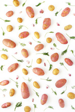 Young Potatoes On A White Background. Pattern Of Vegetables. Top View, Flat Lay. Composition Pattern Of Potatoes.	