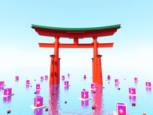 Japanese Gate In Water With Lanterns