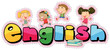 Sticker design for word english with happy kids