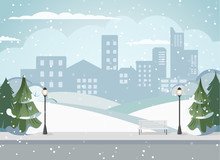Cityscape Of A Big Metropolis. Calm Street. Flat Picture Of The City. Winter Park, Green Trees In The City. Urban Background. Background With Houses. Cozy Property. Snowy Alley For Walks In The Park