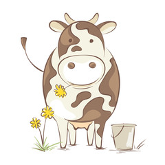 Wall Mural - Cow with dandelion / Funny vector illustration, cheerful cow en face