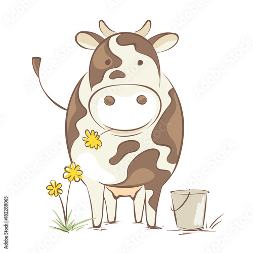 Cow with dandelion / Funny vector illustration, cheerful cow en face Poster Mural XXL