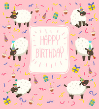 Cute Happy Birthday Card With Lambs On Pink Background.