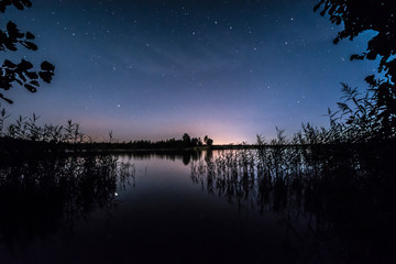 Wall Mural - Stars over the lake at summer night on dark sky. Starfall. Milky way.