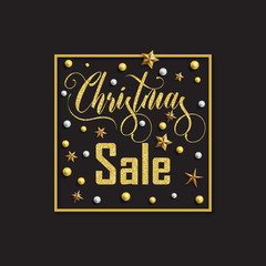 Poster - Christmas sale inscription golden sequins with beads and stars. Vector illustration.