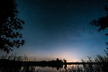 Wall Mural - Stars over the lake at summer night on dark sky. Starfall. Milky way.