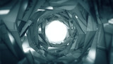 Fototapeta Perspektywa 3d - Abstract technology tunnel. Silver metal concstruciton sharp corners with reflections the camera rotates and moves forward towards the White light. Dynamic background for project 3d illustration