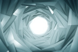 Fototapeta Do przedpokoju - Abstract technology tunnel. Silver metal concstruciton sharp corners with reflections the camera rotates and moves forward towards the White light. Dynamic background for project 3d illustration