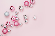 Pink Christmas Balls Background. Flat Lay, Top View