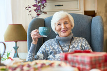 Portrait Of Elegant Senior Woman Smiling Happily Looking At Camera Enjoying Holiday Dinner At Home Sitting In Big Comfortale Chair With Tea Cup
