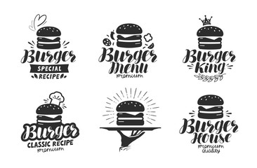 Sticker - Burger, fast food logo or icon, emblem. Label for menu design restaurant or cafe. Lettering vector illustration